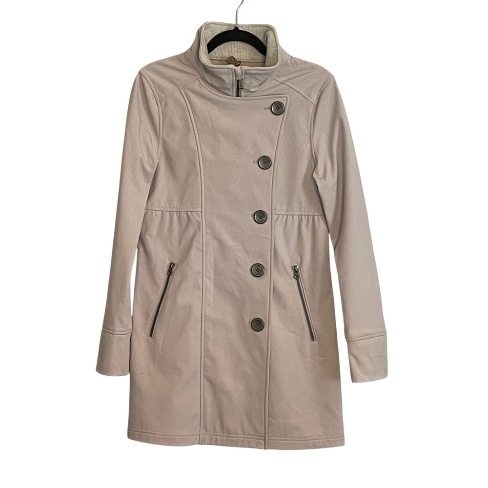 Prana‎ Womens Asymmetrical Softshell Trench Coat Tan Beige Funnel Neck Size S